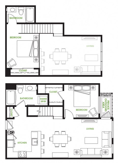 Floor plan for 2 beds, 2 baths, 1005 sqft